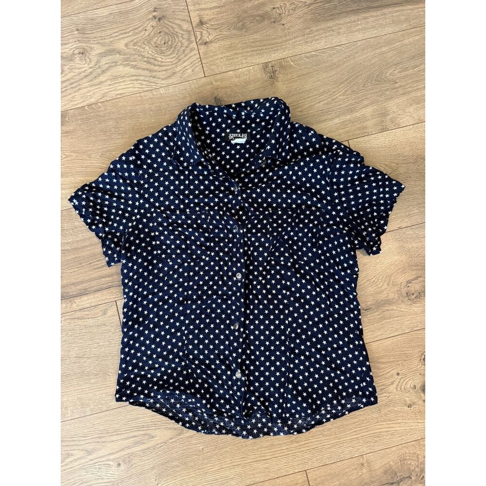 SHELBI RANCH M vintage star blue patriotic button collar shirt Buffalo nickel